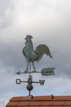Metal rooster on weather vane mounted on a roof against a grey sky, Baden-Württemberg, Germany