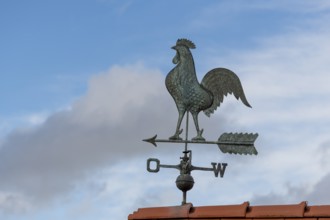 Weather vane on roof with cloudy sky, calm background, Baden-Württemberg, Germany