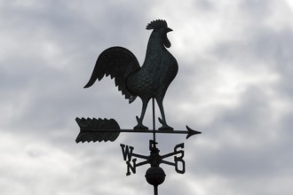 Silhouetted metal weather vane against a cloudy sky, Baden-Württemberg, Germany