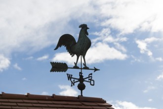 Metal weather vane on a roof surrounded by blue sky and clouds, Baden-Württemberg, Germany