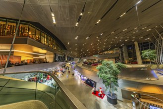 Illuminated interior of BMW world, Petuelring, Munich, Upper Bavaria, Bavaria, Germany