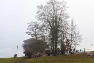 Bootshaus im fog, Historisches Hotel La Villa, am Starnberger See, Niederpöcking, Upper Bavaria,