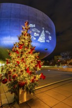 Illuminated Christmas tree with red balls in front of the BMW Museum, BMW World, Petuelring,