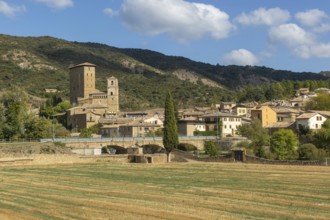 Landscape view from countryside of medieval village of Biel, Cinco Villas, Zaragoza province,