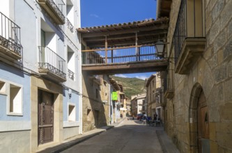 Historic buildings and street in medieval village of Biel, Cinco Villas, Zaragoza province, Aragon,