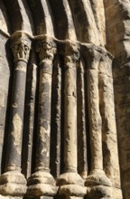 Stonework religious carvings, Iglesia del Salvador church, village of Luesia, Cinco Villas,