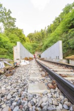 Track construction along a railway line leading to a tunnel, construction of Hermann, Hesse, Bahn,