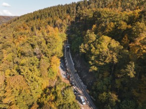 Railway tracks lead into a tunnel in autumn forest under a steeply rising hill, Bau der Hermann,