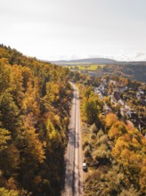 Panorama of a railway line through an autumnal forest next to a village and hills, building of