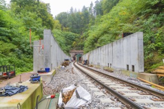 View of rails and construction along a railway line in the forest, Bau der Hermann, Hesse, Bahn,