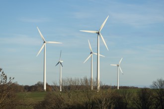 Wind turbines stand on a wide meadow under a clear blue sky, Swabian Jura, Baden-Württemberg,