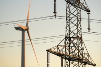 Wind turbine with power pole, technological energy generation, Swabian Alb, Baden-Württemberg,