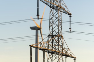 Wind turbine near power line, urban energy infrastructure, Swabian Alps, Baden-Württemberg, Germany