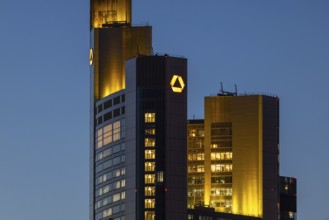The top of the Commerzbank Tower in Fankfurt am Main glows in the evening, Frankfurt am Main,