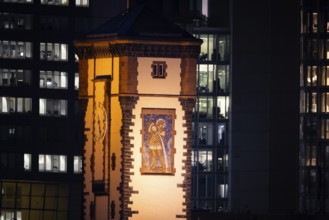 The façade of Langen Franz in Frankfurt am Main is illuminated in the evening, Frankfurt am Main,