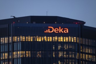 The lights are on at Deka Bank's offices in Frankfurt am Main in the evening, Frankfurt am Main,