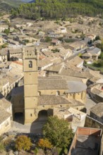 Church tower and rooftops of medieval village of Uncastillo, Cinco Villas, Zaragoza province,