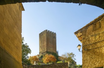 Castle tower in medieval village of Uncastillo, Cinco Villas, Zaragoza province, Aragon, Spain