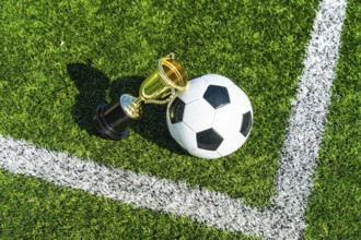 Soccer ball positioned alongside a gleaming gold trophy cup, symbolizing victory and championship