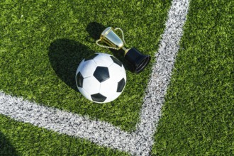 Soccer ball and gold trophy cup on artificial green turf with white line marking, top view flat lay