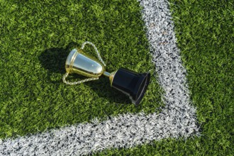 Golden championship trophy resting on green synthetic turf beside a white boundary line,