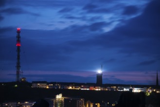 View of the highlands of the island of Heligoland at night with red-lit radio tower, radio tower,
