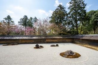 Kare-san-sui Japanese rock garden, Hojo Teien in Ryoan-ji, Zen Buddhist temple complex, in spring,
