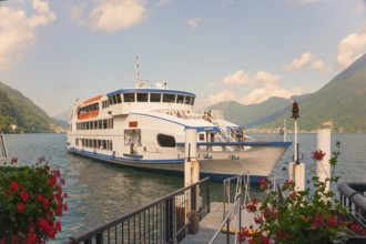 Sightseeing boat on Lake Como, Italian Lago di Como, one of the Upper Italian lakes, Lombardy