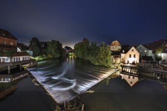 Nocturnal view of Pegnitz with dam and grinding mill, Lauf an der Pegnitz, Middle Franconia,