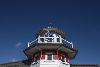 Captain figure on the balcony of a holiday home, Zingst, Darß, Mecklenburg-Western Pomerania,