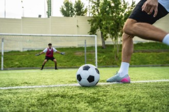Football player preparing to shoot a penalty kick with the ball on the artificial turf, facing a