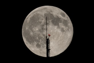 The full moon passes through the antenna on the roof of the European Central Bank (ECB), Frankfurt
