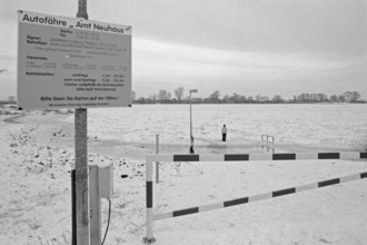 Person on ice rink, ferry dock, frozen Elbe, Bleckede, Lower Saxony, Germany, January 03, 1997,