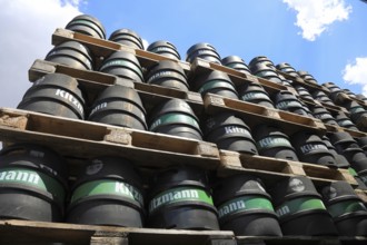 Black stacked beer kegs from the Kitzmann brewery, founded in Erlangen in 1712. Following the