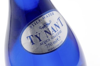 Mineral water, Ty Nant, in blue designer bottle, water from Wales, is considered one of the best