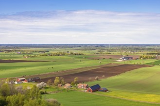 Aerial view of a rural landscape view with green fields and farms in a plain landscape with a view