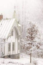 A cold foggy winter day with a beautiful idyllic wooden house with hoarfrost and snow in the