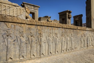 Persian wax soldiers on the western steps of Darius Palace, Persepolis, Persepolis, Iran