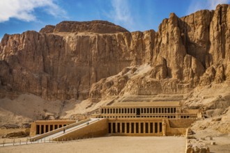 Mortuary temple of Pharaoh Hatshepsut - Deir el-Bahari, behind the rock face lies the Valley of the
