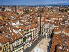 Piazza delle Erbe, view from Torre dei Lamberti, Verona with medieval old town, Veneto, Italy,