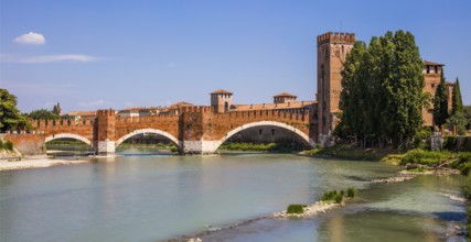 Castelvecchio and Ponte Scaligero, Scaliger Bridge, 1354 - 1357, Verona with medieval old town,