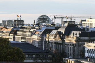 Street Unter den Linden with the State Library, Reichstag, construction cranes, Berlin, 05.11.2025,