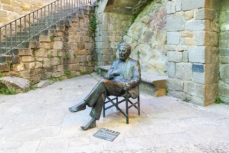 Bronze sculpture Luis Garcia Berlanga (1921-2010) film director, Sos del Rey Catolico, Aragon,