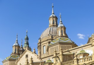 Towers and domes on roof of Basilica of Our Lady of the Pillar cathedral church, Zaragoza, Aragon,
