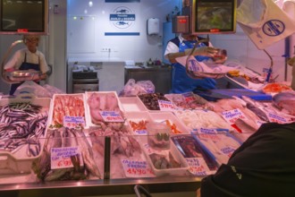 Market stall shop store selling fish inside Mercado Central de Zaragoza, Zaragoza, Aragon, Spain