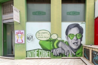 Mural of Elton John on wall of On The Corner English language school college, Zaragoza, Aragon,