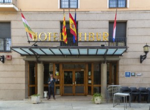 Entrance doorway to Hotel Tibur in city centre of Zaragoza, Aragon, Spain