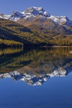Mountain lake, reflection, mountains, larch forest, autumn discoloration, autumn, sunny,