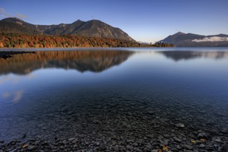 Mountain lake, reflection, morning light, mountains, shore, autumn, autumn color, Walchensee, Upper