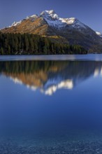 Mountain lake, reflection, mountains, larch forest, autumn discoloration, autumn, sunrise, Lake